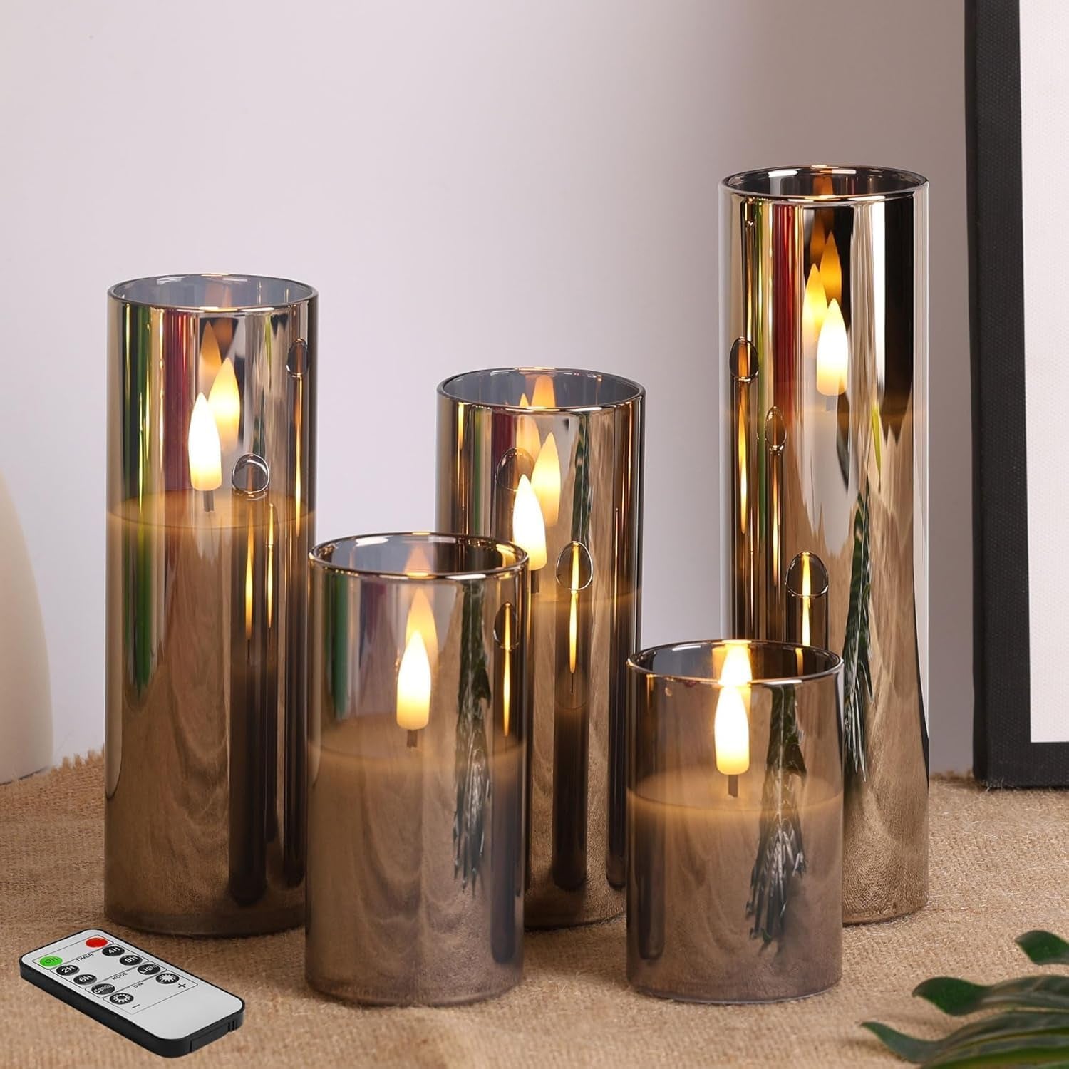5 Pack Grey Glass Flameless Candles with Remote, Flickering Slim Tall LED Pillar Votive Candles Battery Included