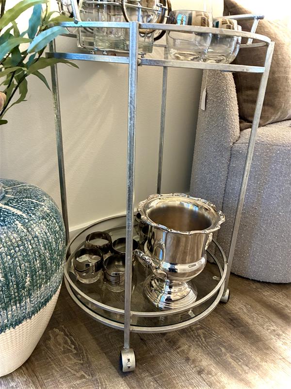 Silver Bar Cart w/ Glass Shelves