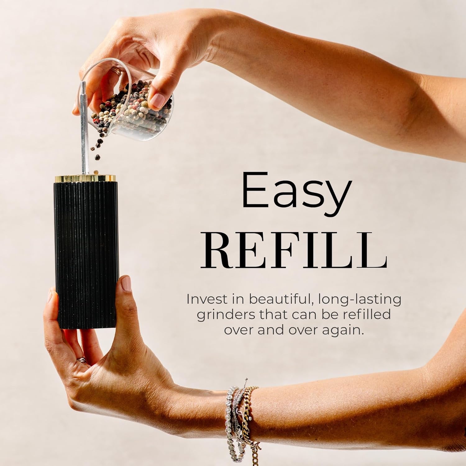 White and Black Salt and Pepper Grinder Set with Gold Accents – Set of Two