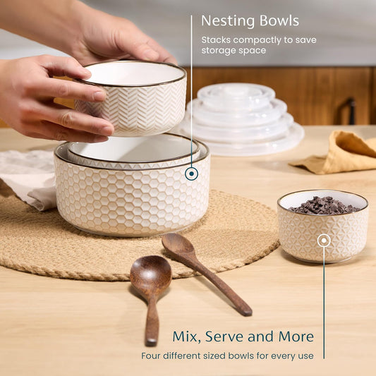 Ceramic Nesting Bowls, with Lids, Serving, Set of 4