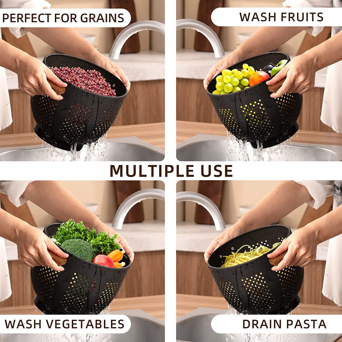 Black Metal Colander with Wood Handles