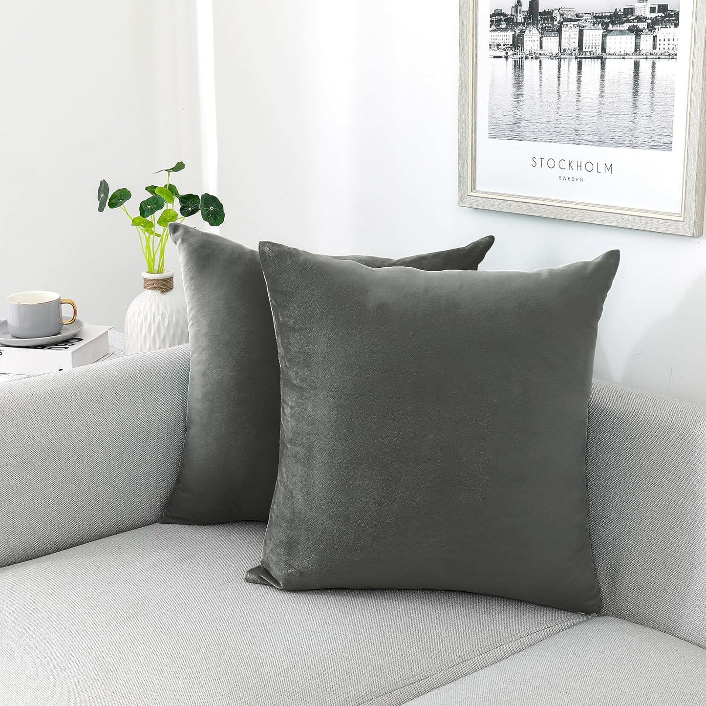 Decorative Throw Pillow Covers Velvet 18X18 Inch Dark Grey Pack of 2