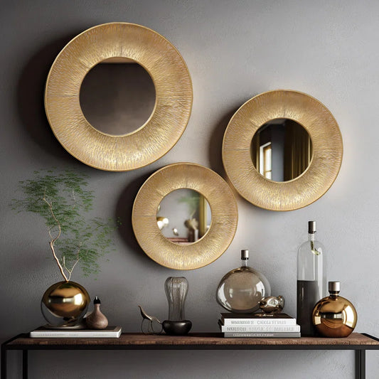 Round Gold Metal Wall Mirrors - Set of 3