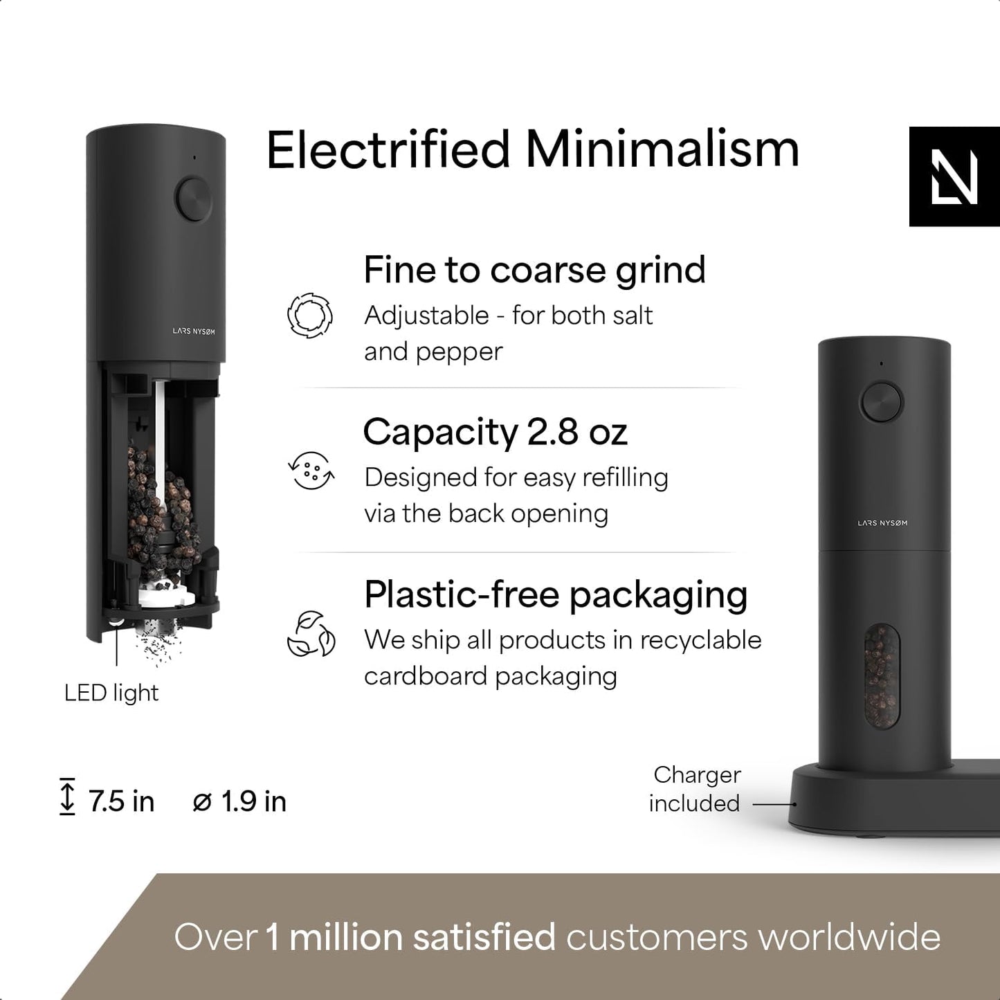 Electric Salt and Pepper Grinder Set USB Rechargeable Electric Spice Mill Set (Carbon Black)