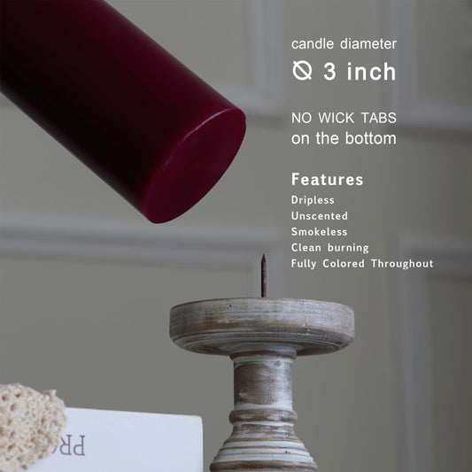 Hand-Poured Unscented Burgundy Candle, Dripless Maroon/Dark Red Pillar Candle Set of 3