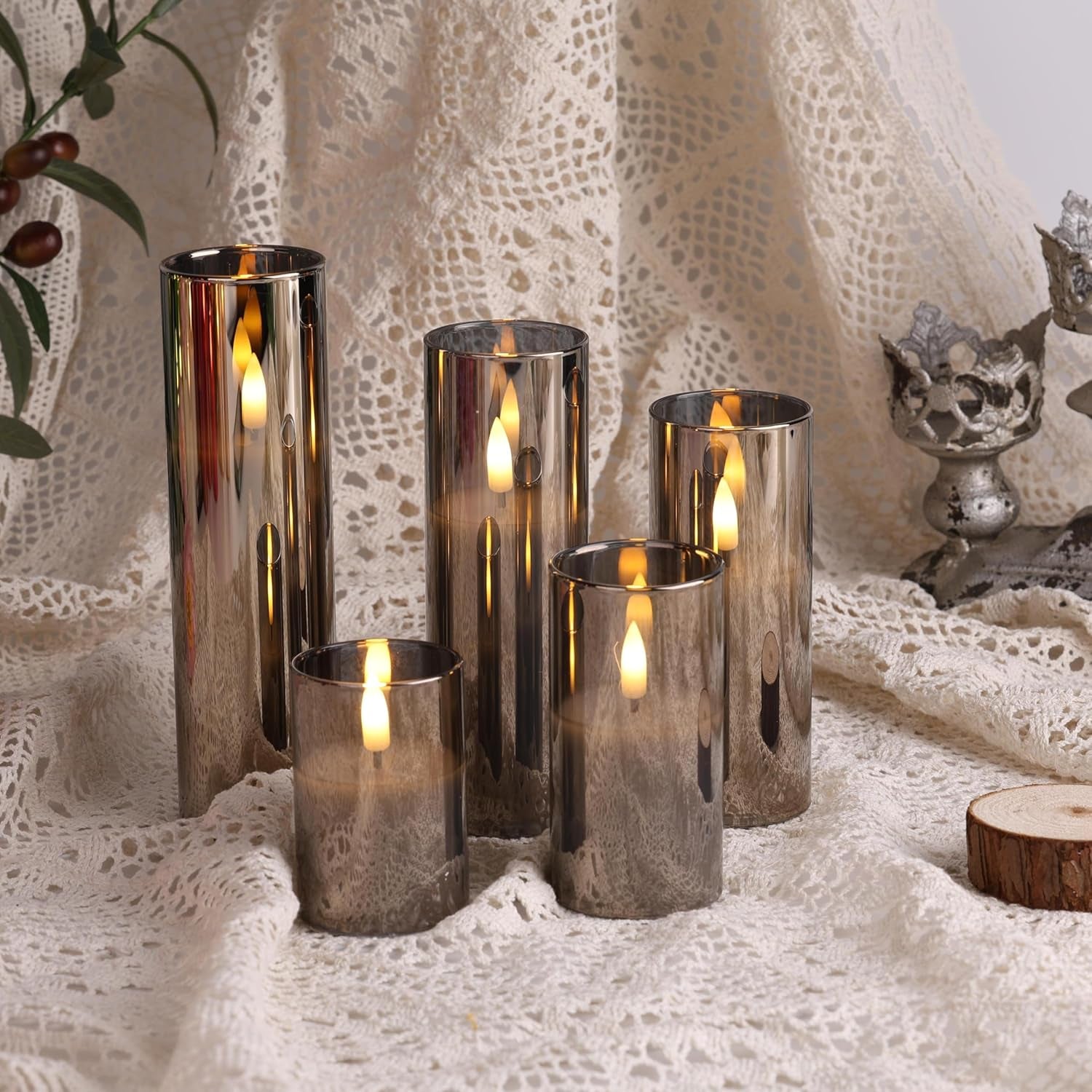 5 Pack Grey Glass Flameless Candles with Remote, Flickering Slim Tall LED Pillar Votive Candles Battery Included