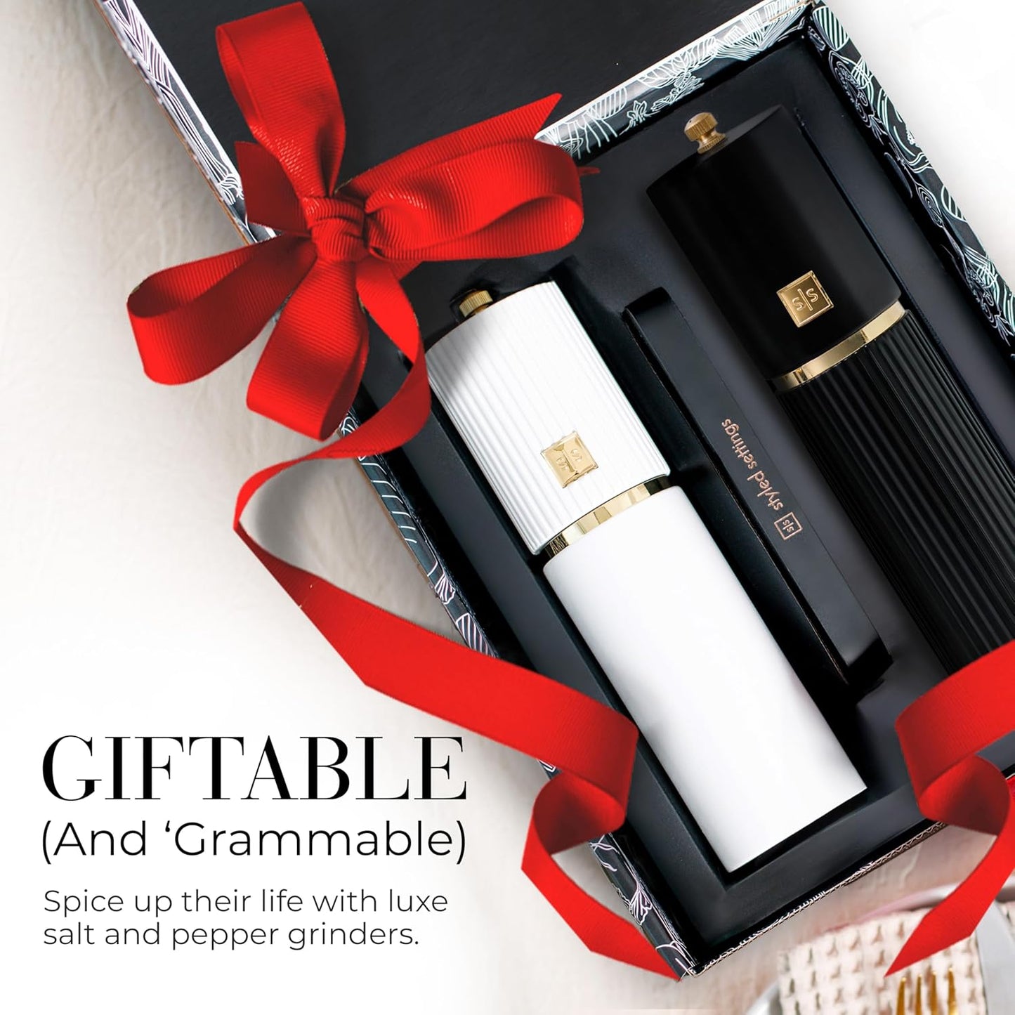 White and Black Salt and Pepper Grinder Set with Gold Accents – Set of Two