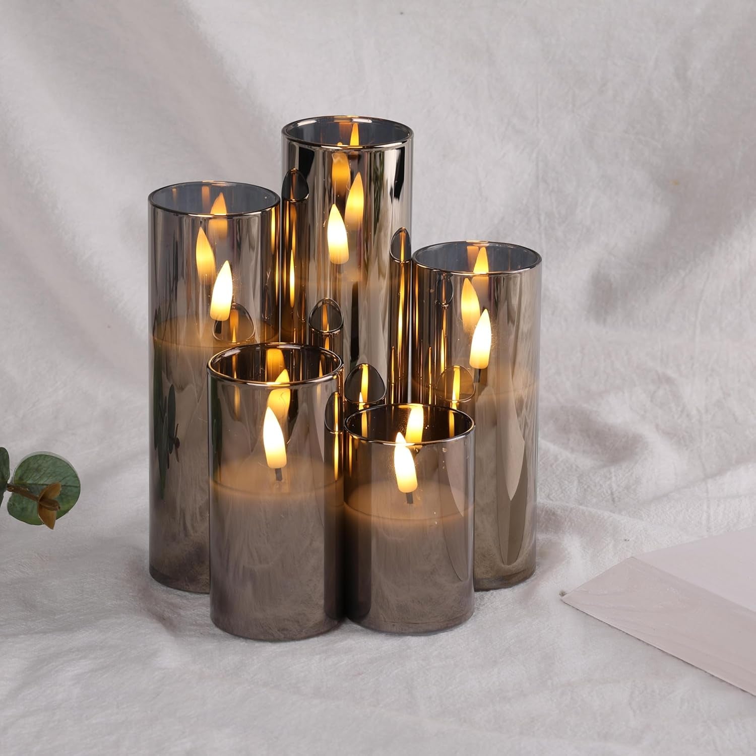 5 Pack Grey Glass Flameless Candles with Remote, Flickering Slim Tall LED Pillar Votive Candles Battery Included