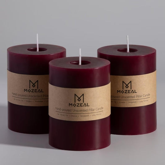 Hand-Poured Unscented Burgundy Candle, Dripless Maroon/Dark Red Pillar Candle Set of 3