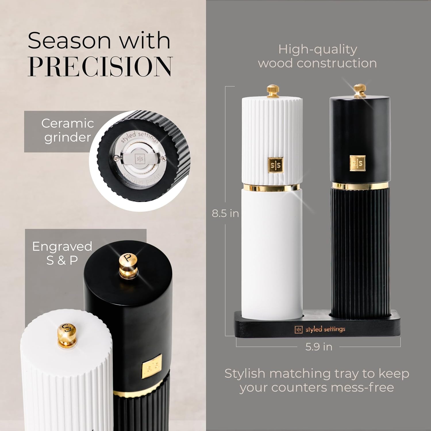 White and Black Salt and Pepper Grinder Set with Gold Accents – Set of Two