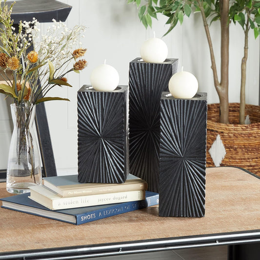 Wood Geometric Carved Pillar Candle Holder, Set of 3 12", 10", 8"H, Black