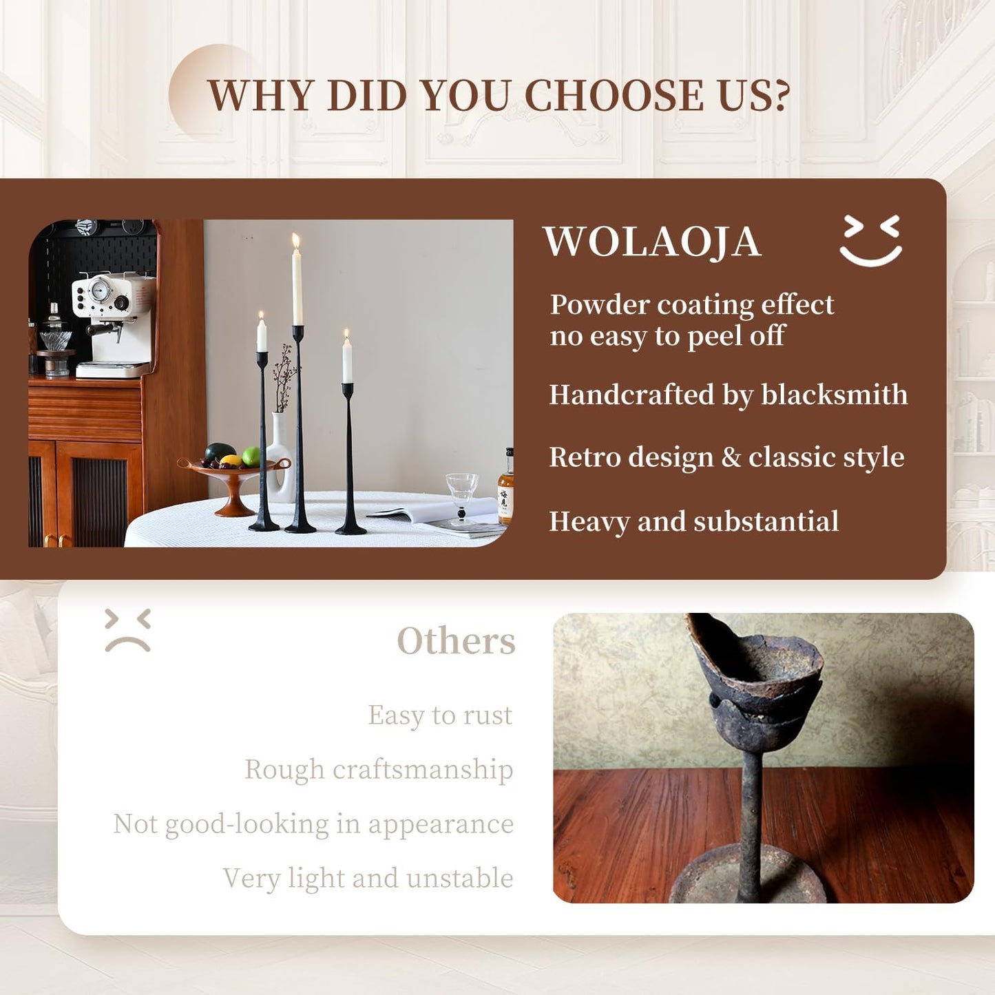 Set of 3 Candle Stick Holders,Iron Black