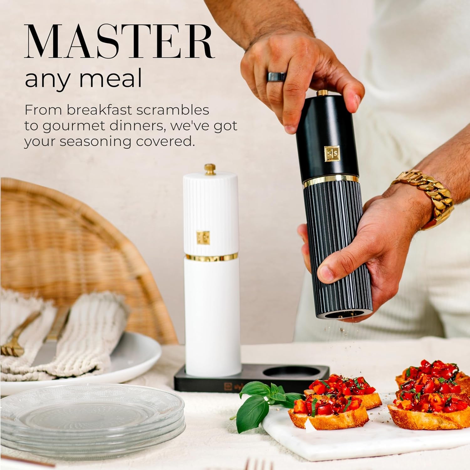 White and Black Salt and Pepper Grinder Set with Gold Accents – Set of Two