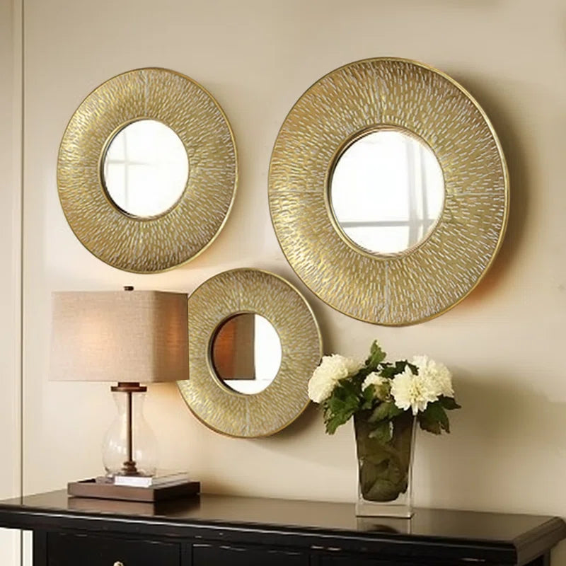 Round Gold Metal Wall Mirrors - Set of 3
