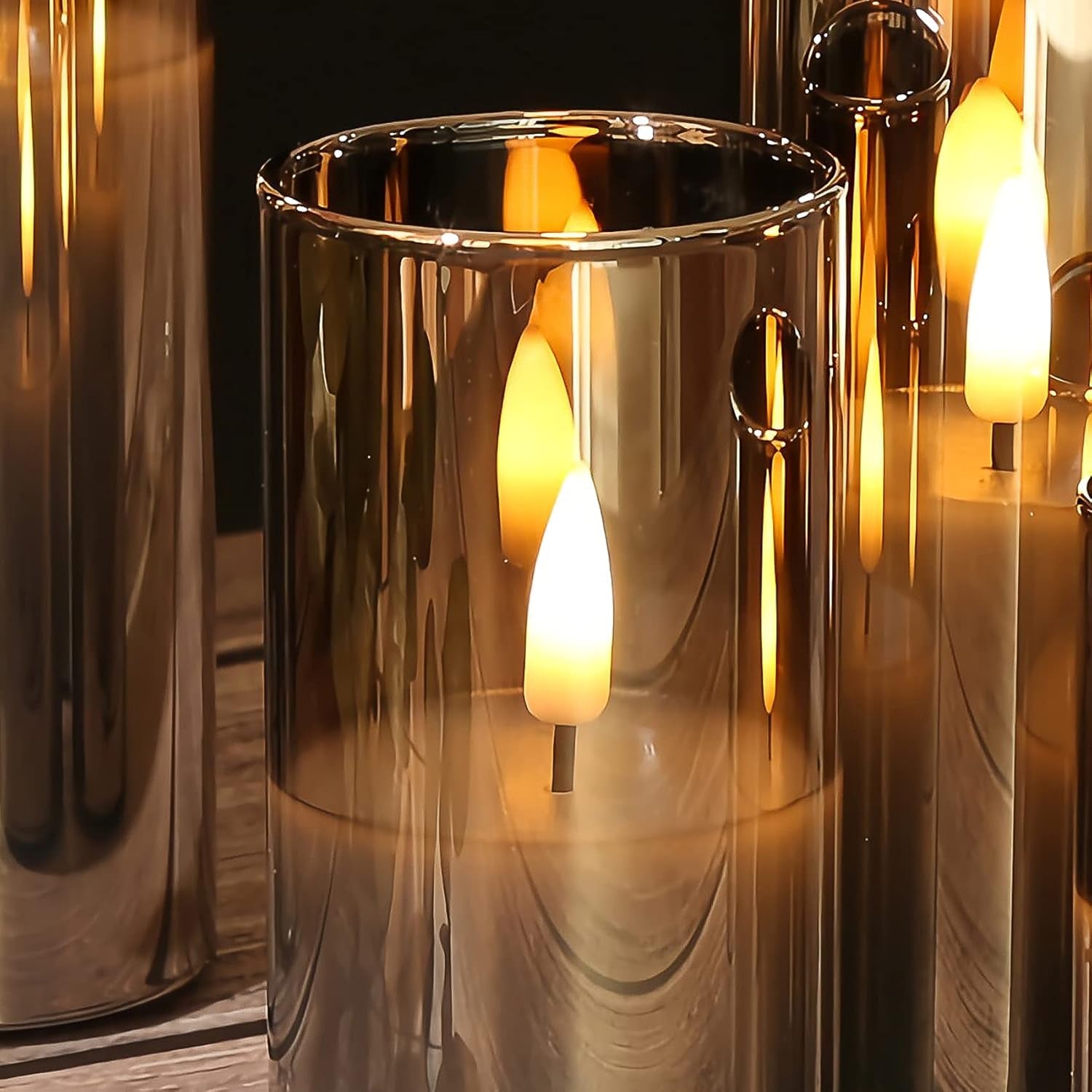 5 Pack Grey Glass Flameless Candles with Remote, Flickering Slim Tall LED Pillar Votive Candles Battery Included