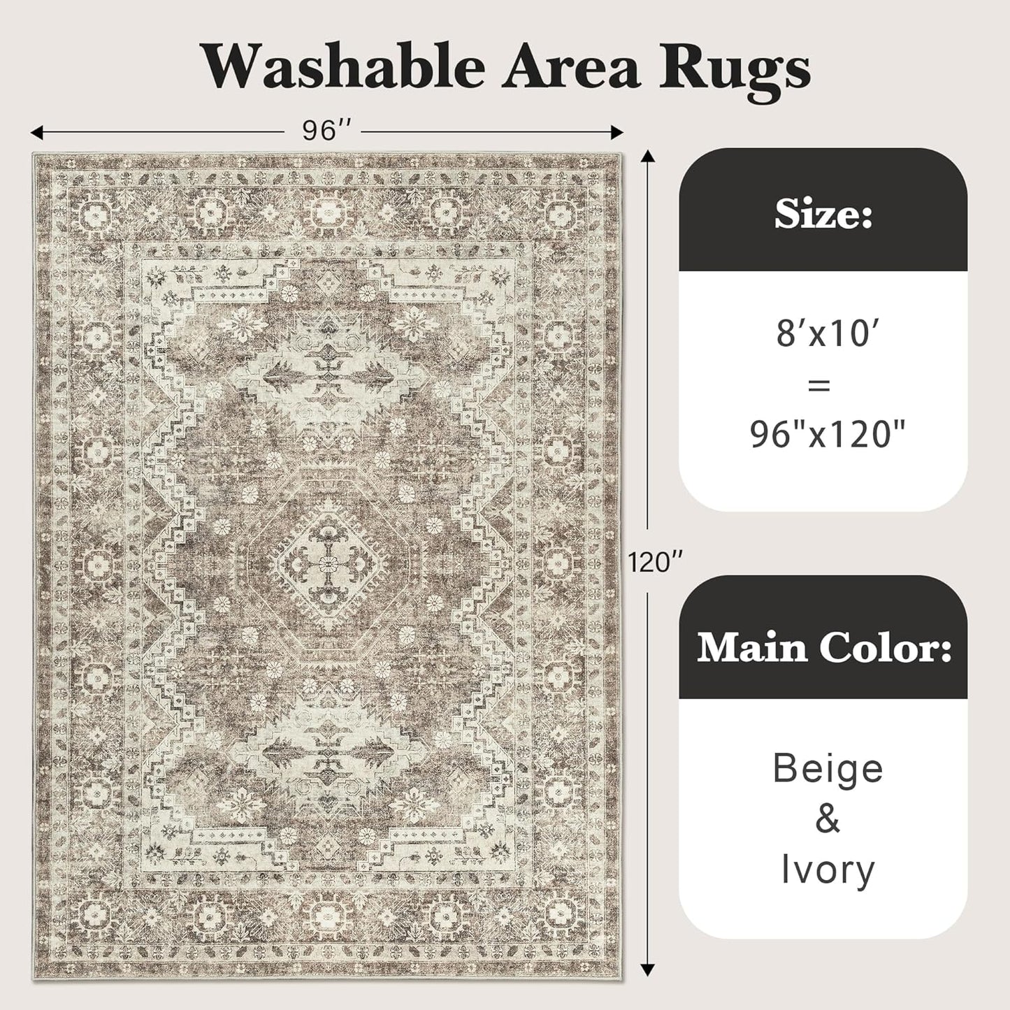 8X10 Washable Rug - Ivory