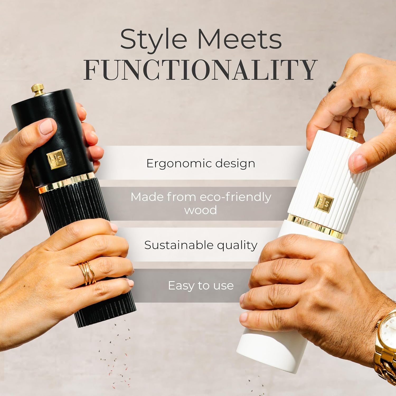 White and Black Salt and Pepper Grinder Set with Gold Accents – Set of Two