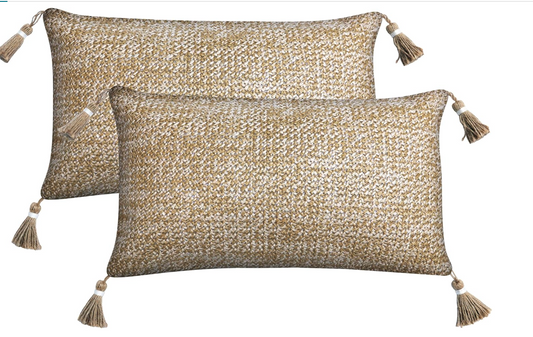 Outdoor Lumbar Toss Pillow Set, 12" H x 19" L, Raffia Natural with Tassels - Set of 2