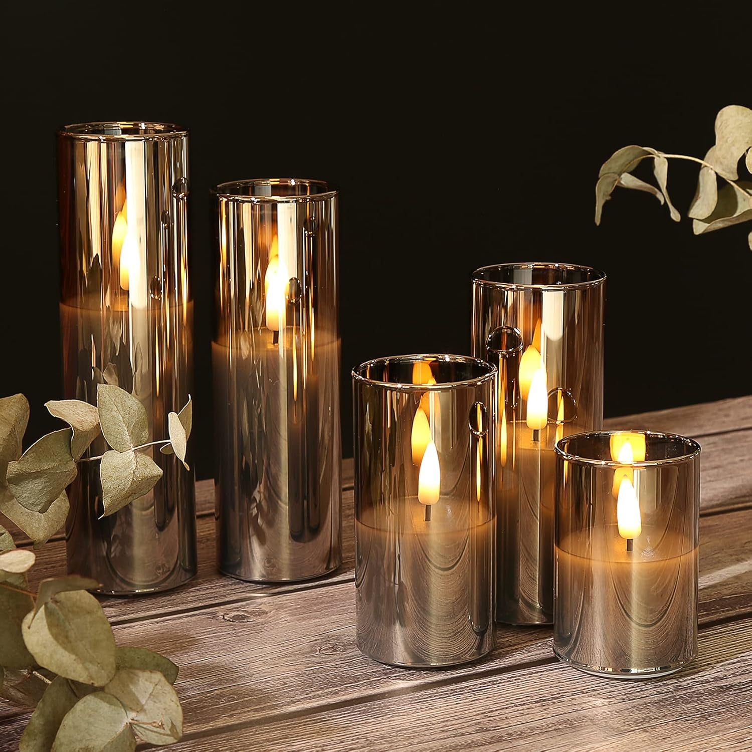5 Pack Grey Glass Flameless Candles with Remote, Flickering Slim Tall LED Pillar Votive Candles Battery Included