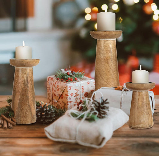 Hand Crafted Wooden Pillar Candle Holder Set of 3