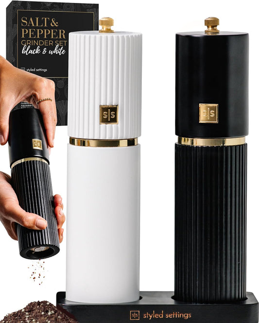 White and Black Salt and Pepper Grinder Set with Gold Accents – Set of Two