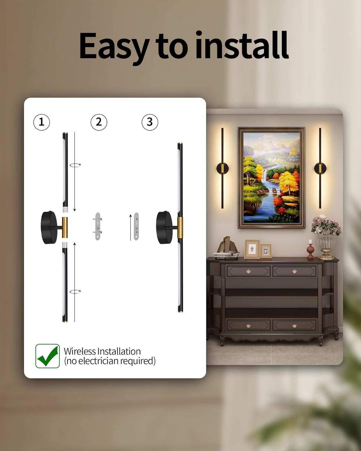 Wall Sconce Set of 2, 24 Inch Wireless Rechargeable Wall Lights with Remote Control