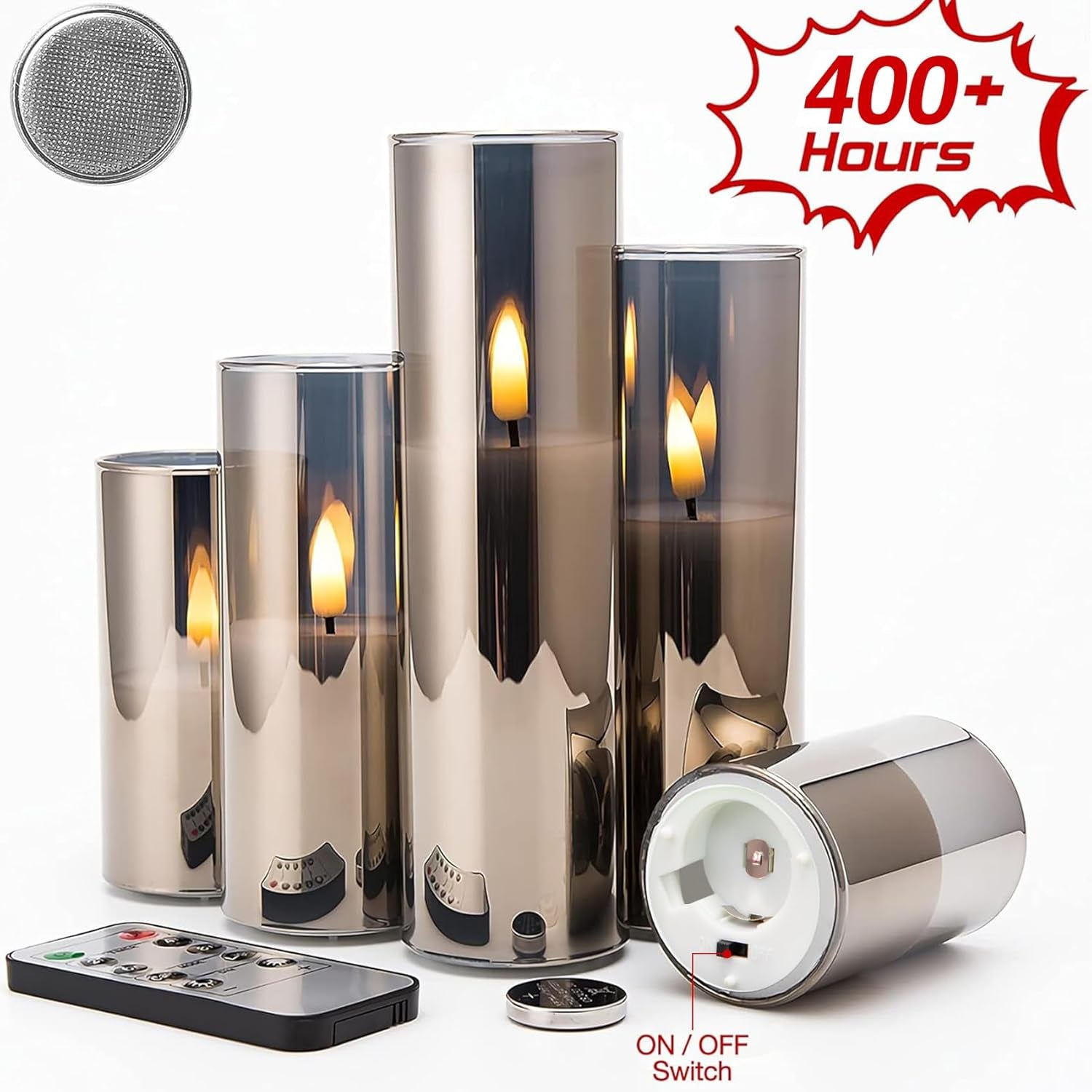 5 Pack Grey Glass Flameless Candles with Remote, Flickering Slim Tall LED Pillar Votive Candles Battery Included