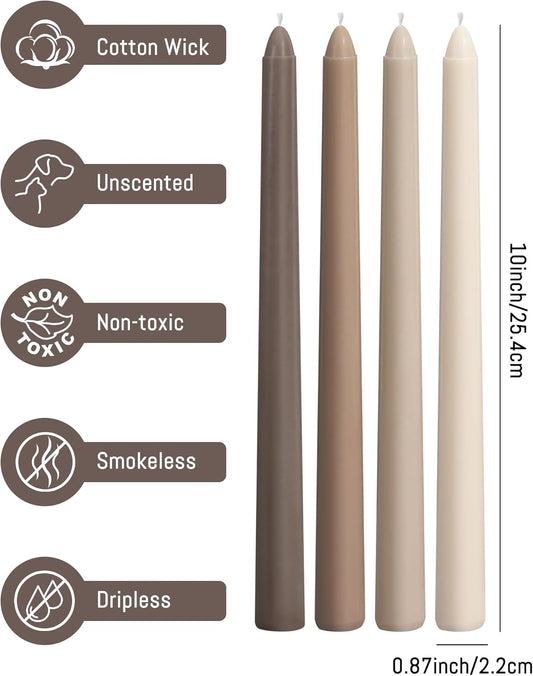 10-Inch Tall Dripless Taper Candles Set of 12 - Tapered Candlesticks - Smokeless, Unscented, Long Burning - Hand Poured, Colored for Home Decor Wedding, Dinner - Brown