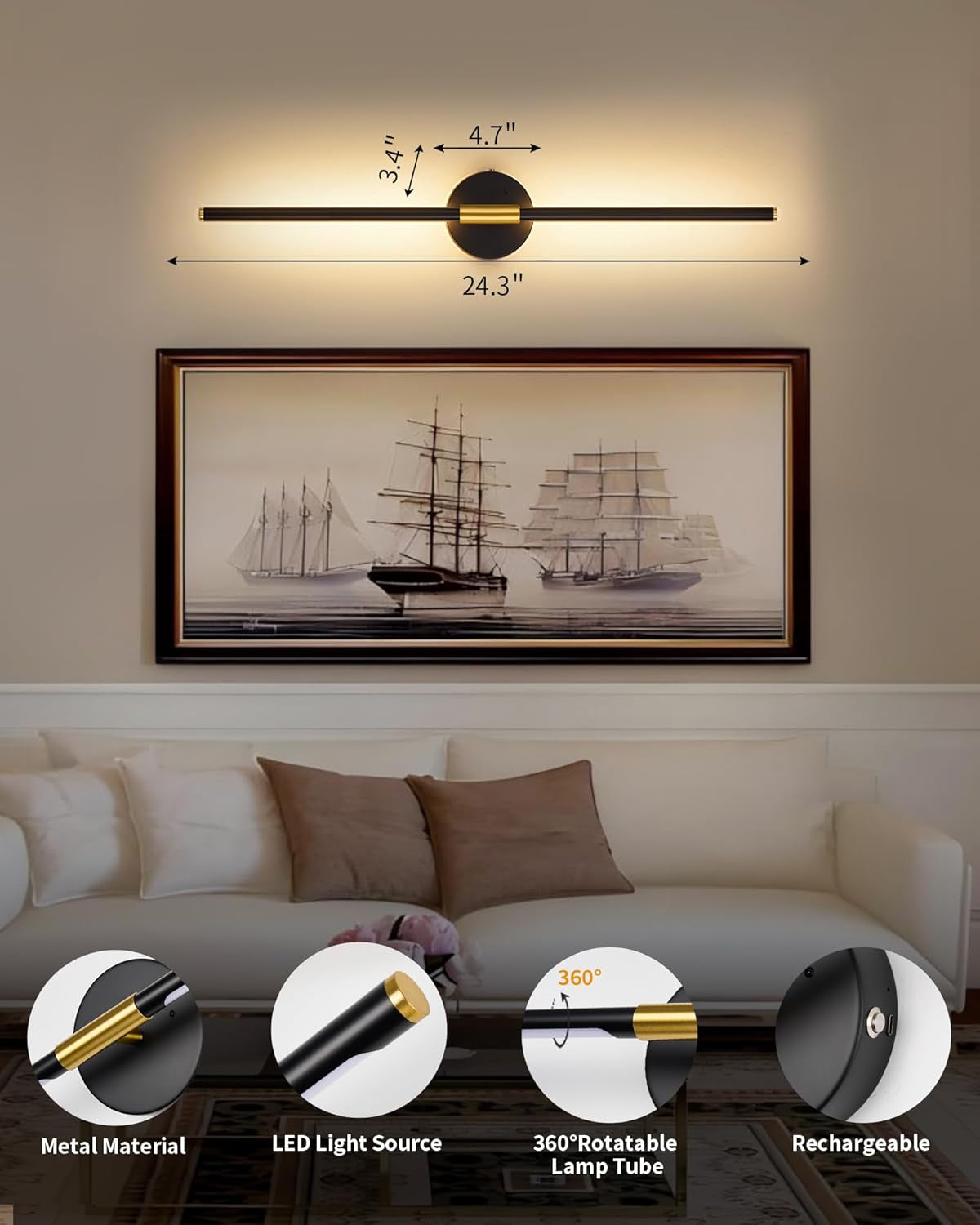 Wall Sconce Set of 2, 24 Inch Wireless Rechargeable Wall Lights with Remote Control