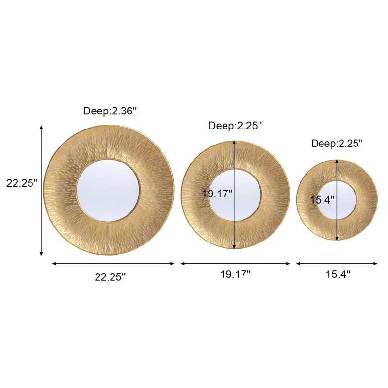 Round Gold Metal Wall Mirrors - Set of 3