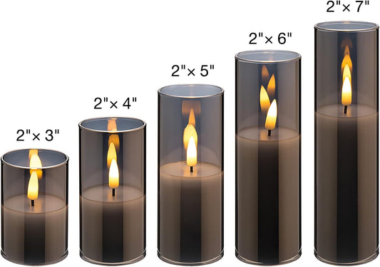 5 Pack Grey Glass Flameless Candles with Remote, Flickering Slim Tall LED Pillar Votive Candles Battery Included