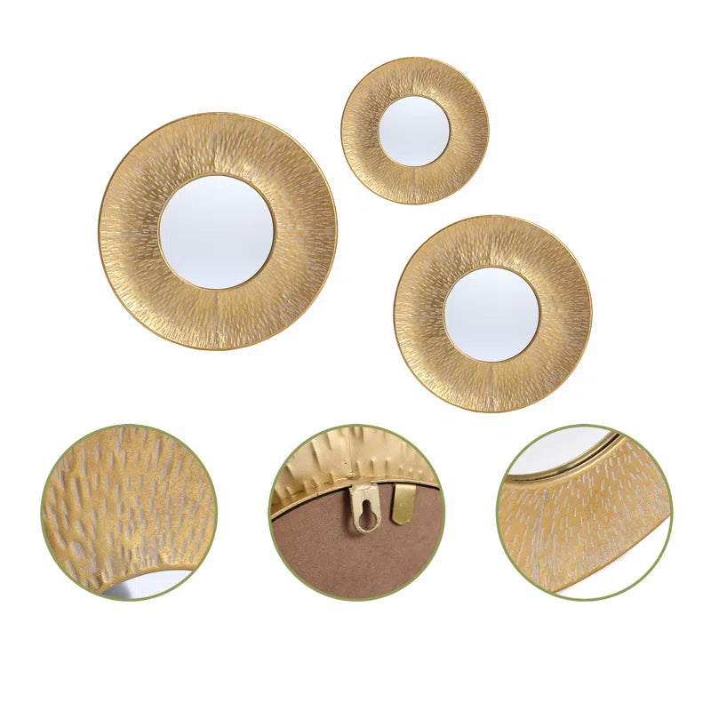 Round Gold Metal Wall Mirrors - Set of 3