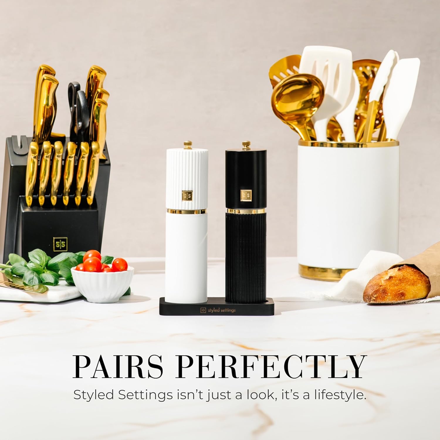 White and Black Salt and Pepper Grinder Set with Gold Accents – Set of Two