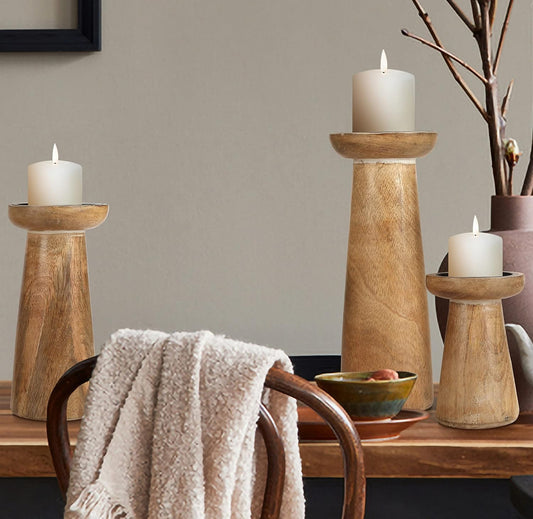 Hand Crafted Wooden Pillar Candle Holder Set of 3