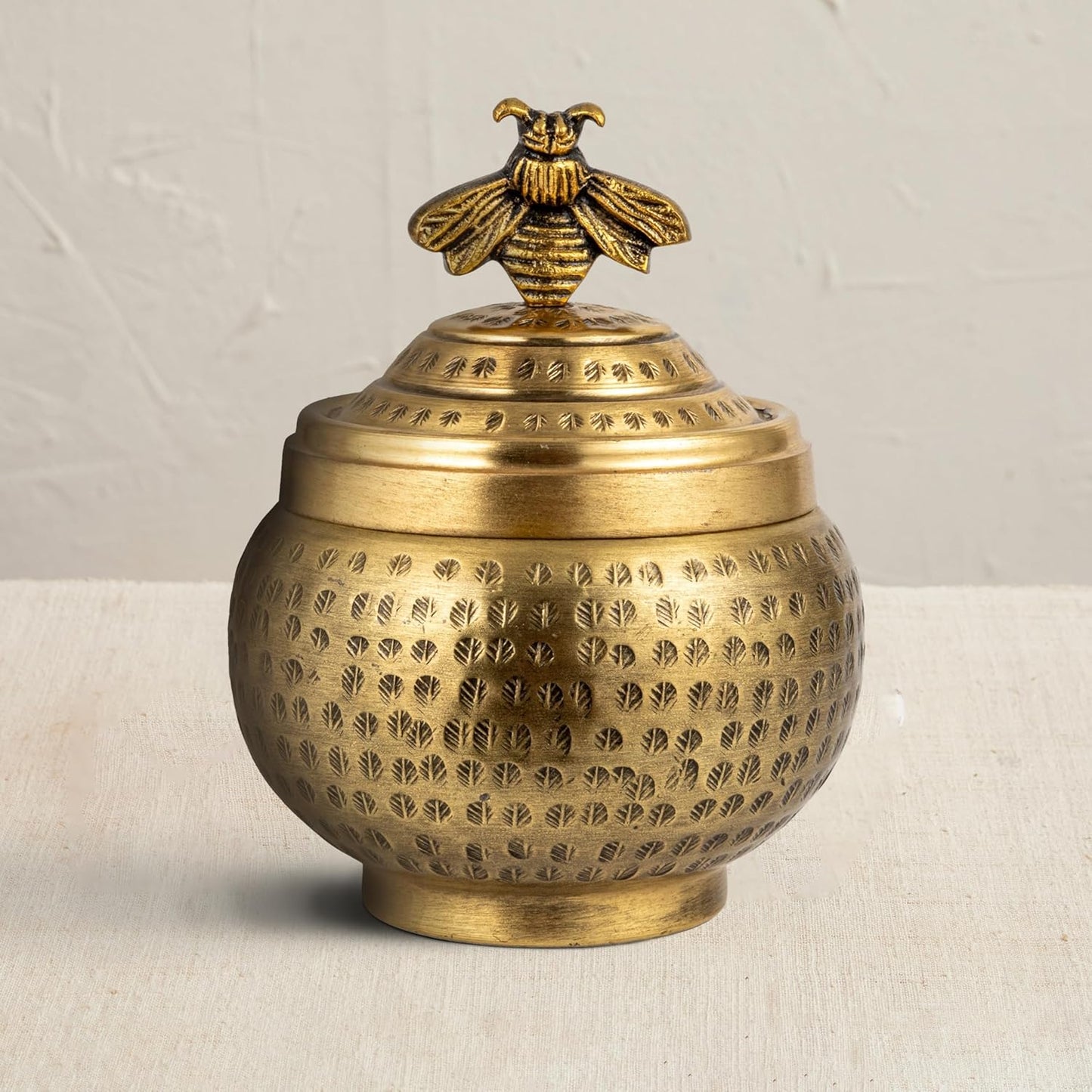 Brass Hammered Metal Container with Bee Top