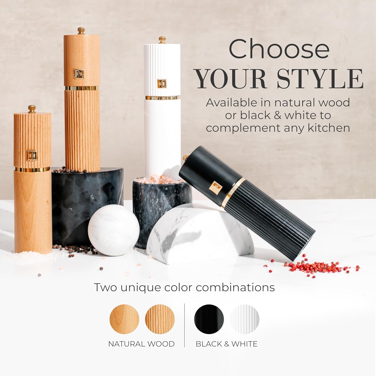 White and Black Salt and Pepper Grinder Set with Gold Accents – Set of Two