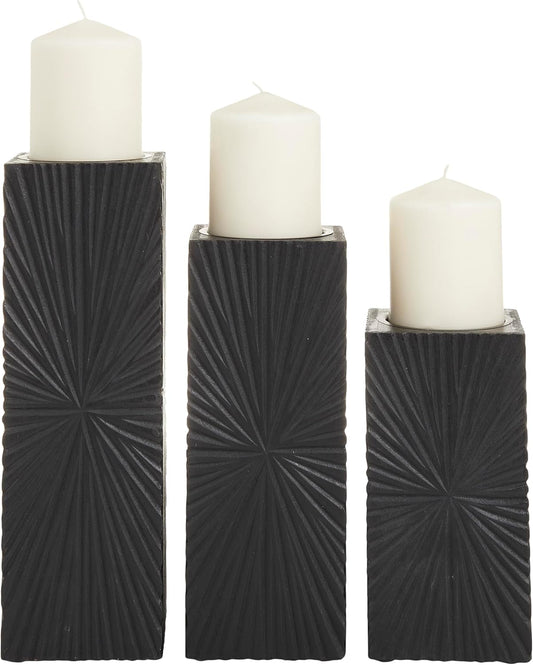 Wood Geometric Carved Pillar Candle Holder, Set of 3 12", 10", 8"H, Black