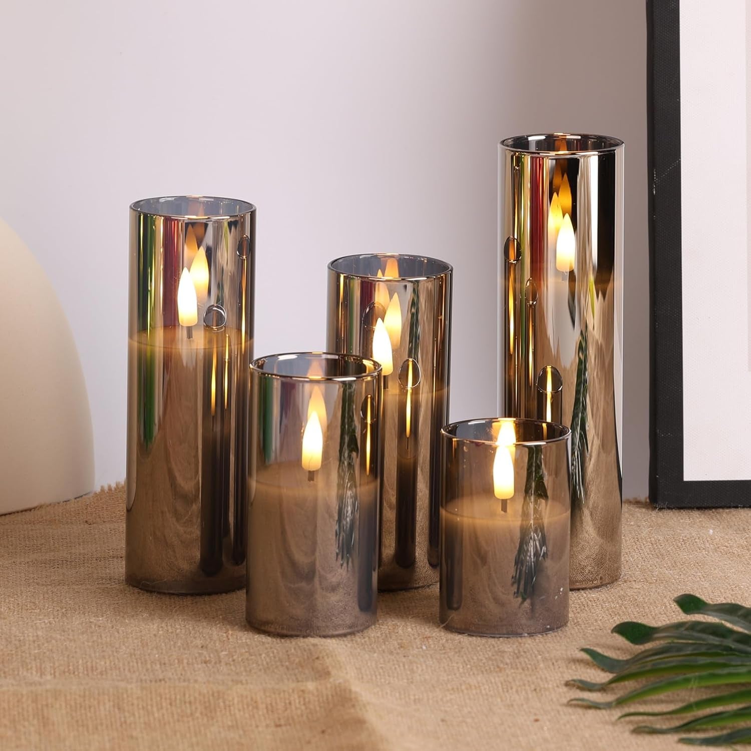 5 Pack Grey Glass Flameless Candles with Remote, Flickering Slim Tall LED Pillar Votive Candles Battery Included