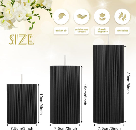 Black Ribbed Pillar Candles Set of 3, Width 3" High 4" 6" 8"