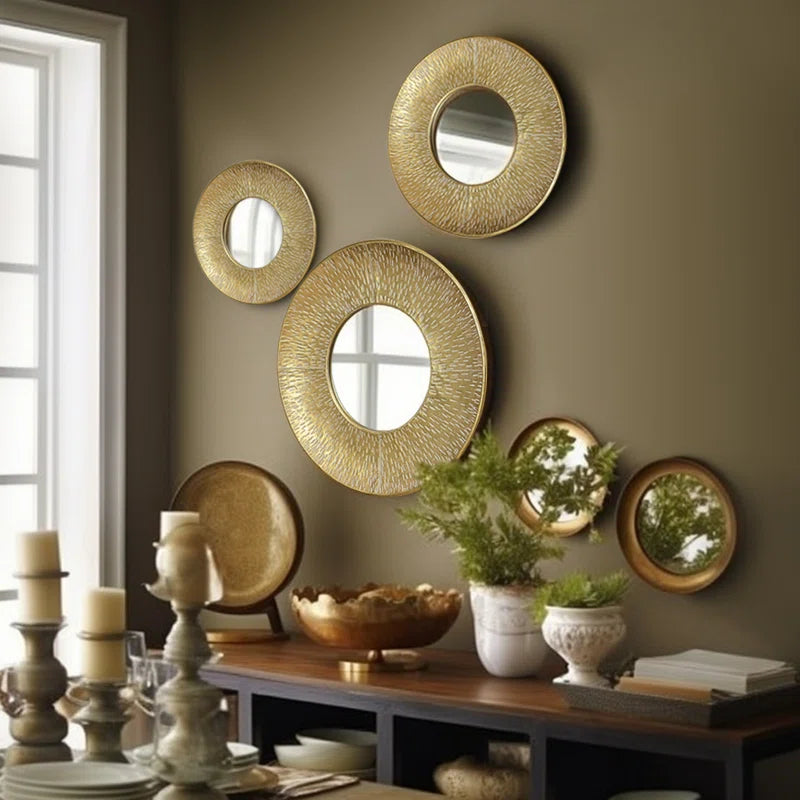 Round Gold Metal Wall Mirrors - Set of 3