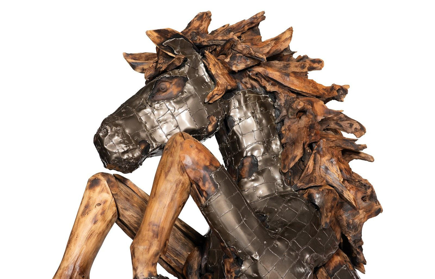 Mustang Horse Armored Sculpture, Rearing, Natural Bronze Finish