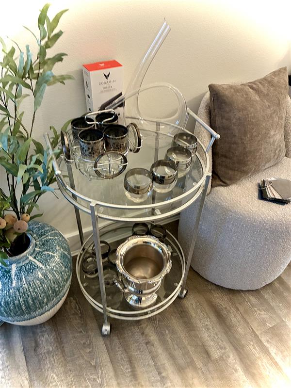 Silver Bar Cart w/ Glass Shelves