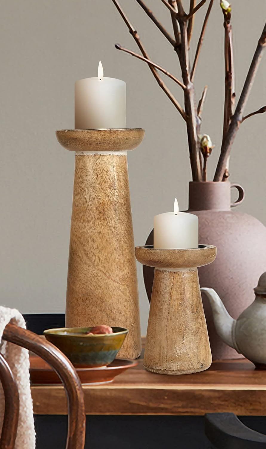 Hand Crafted Wooden Pillar Candle Holder Set of 3