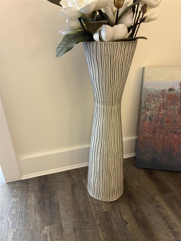 White Black and Blue Stripped Floor Vase