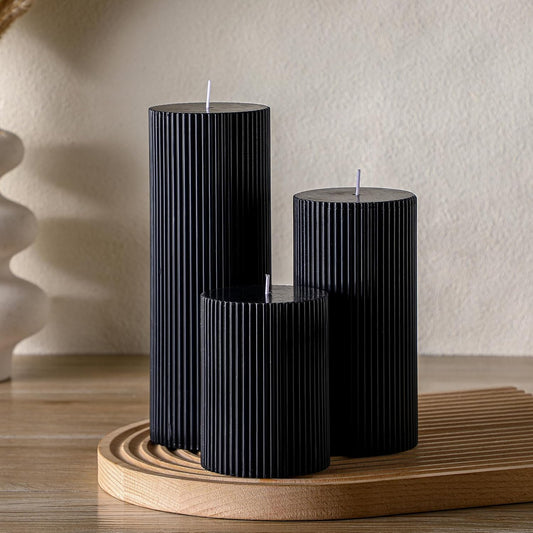 Black Ribbed Pillar Candles Set of 3, Width 3" High 4" 6" 8" 