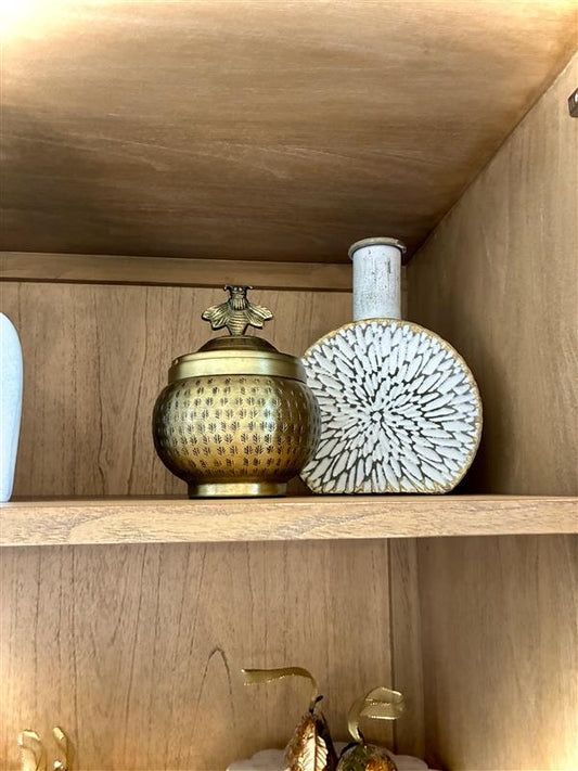 Brass Hammered Metal Container with Bee Top