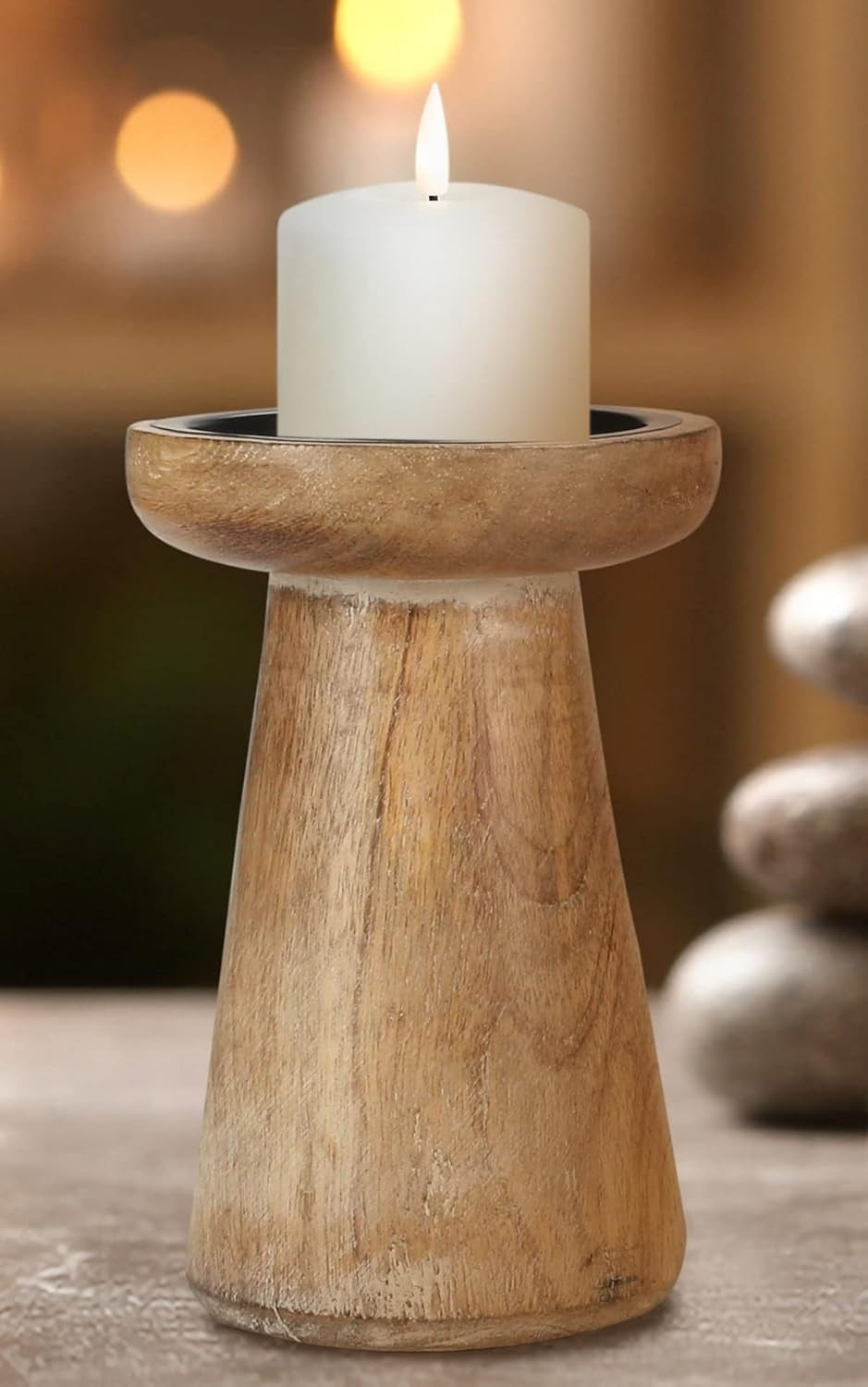 Hand Crafted Wooden Pillar Candle Holder Set of 3