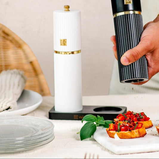 White and Black Salt and Pepper Grinder Set with Gold Accents – Set of Two 