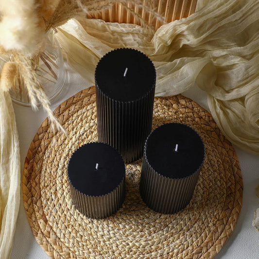Black Ribbed Pillar Candles Set of 3, Width 3" High 4" 6" 8" 