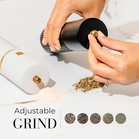 White and Black Salt and Pepper Grinder Set with Gold Accents – Set of Two 